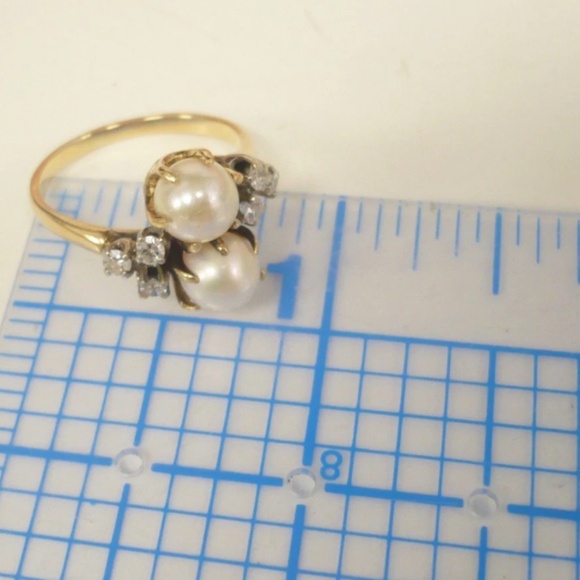 Estate 14K Akoya Pearls Diamond Ring Size 6 - Picture 10 of 12